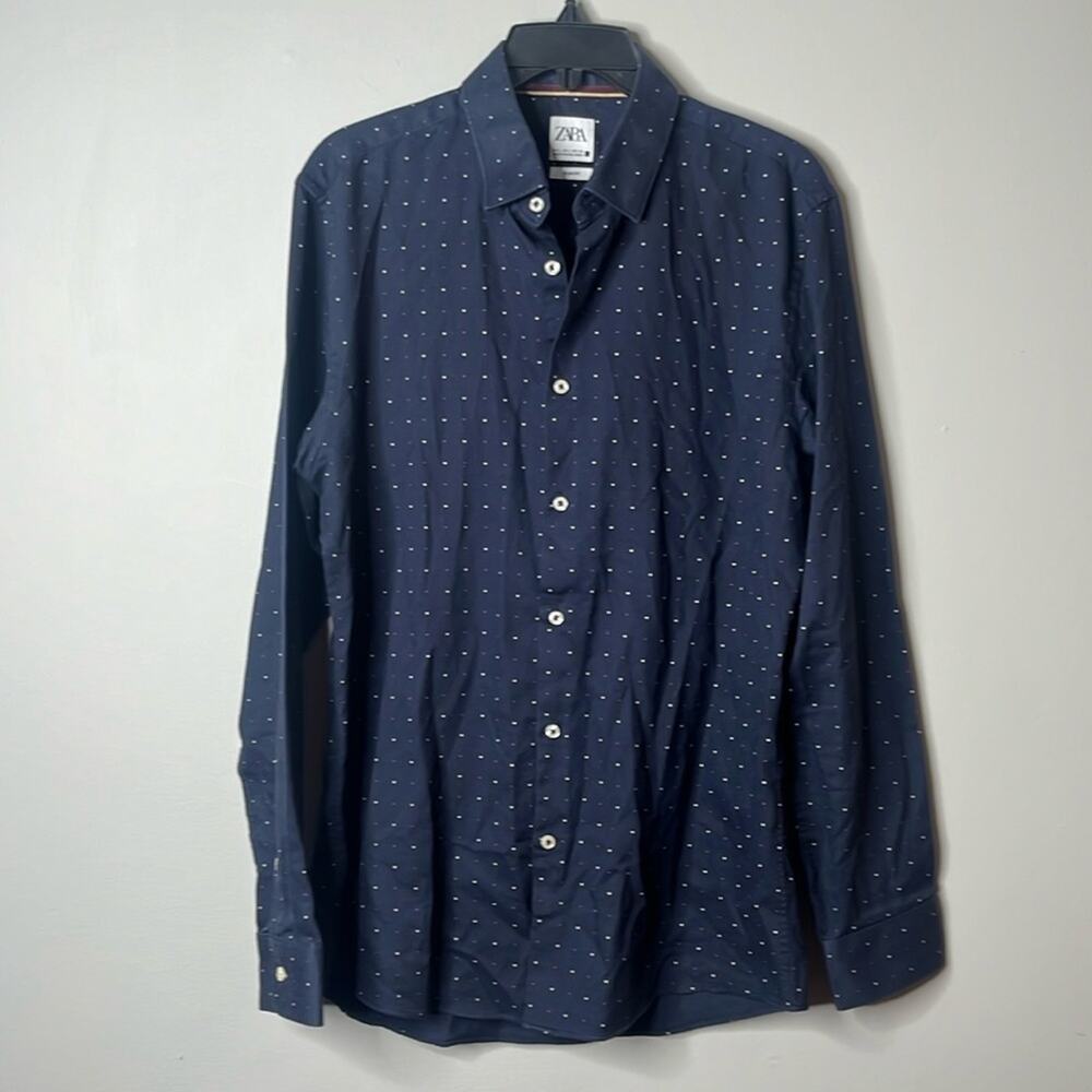 Zara Men’s Slim Fit Navy Polka Dot Button Up Dress Shirt Large